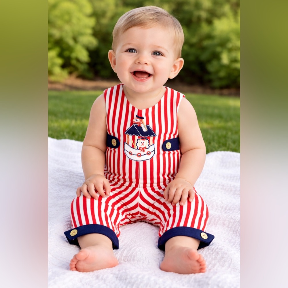 Vintage 1980s Red Striped Baby Toddler Romper One Piece Patriotic Sailboat Snaps